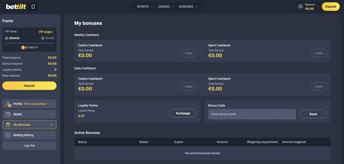 Player profile at Bettilt casino