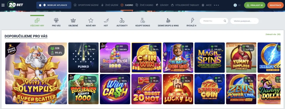 Game offering at 20BET casino