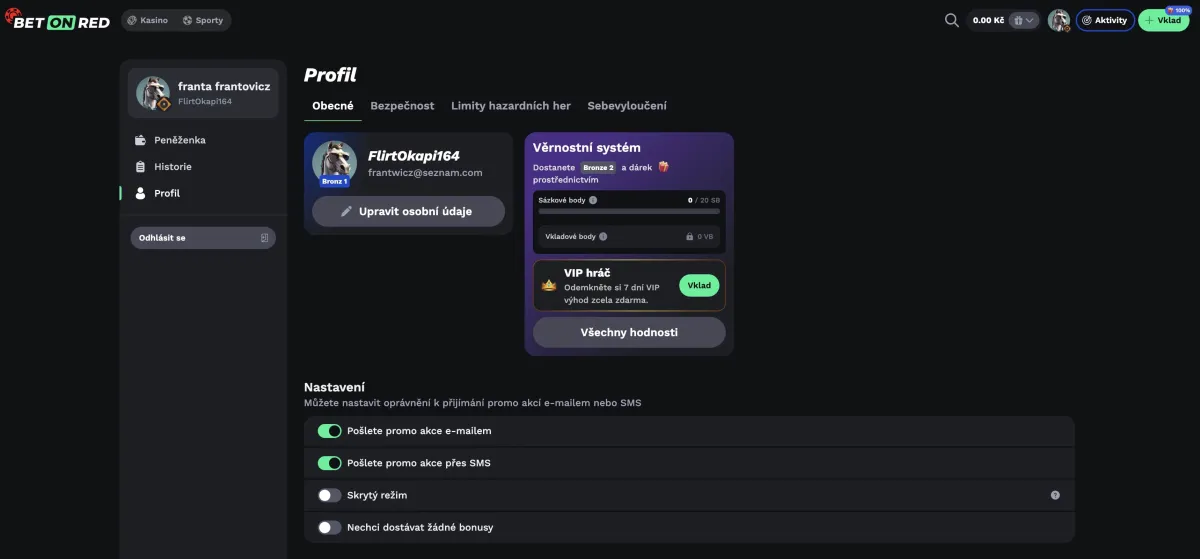 Gaming account at BetOnRed casino