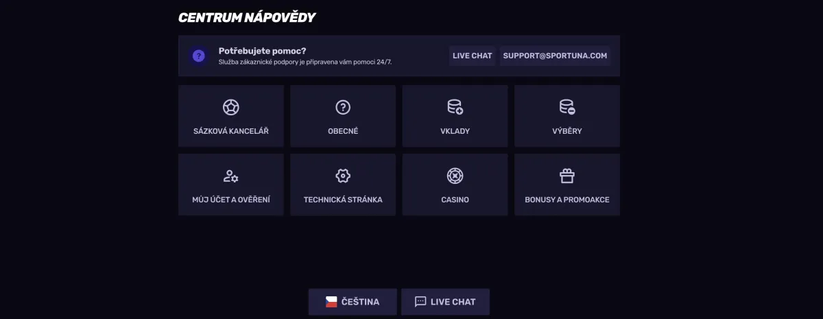 Centrum nápovědy Sportuna casino