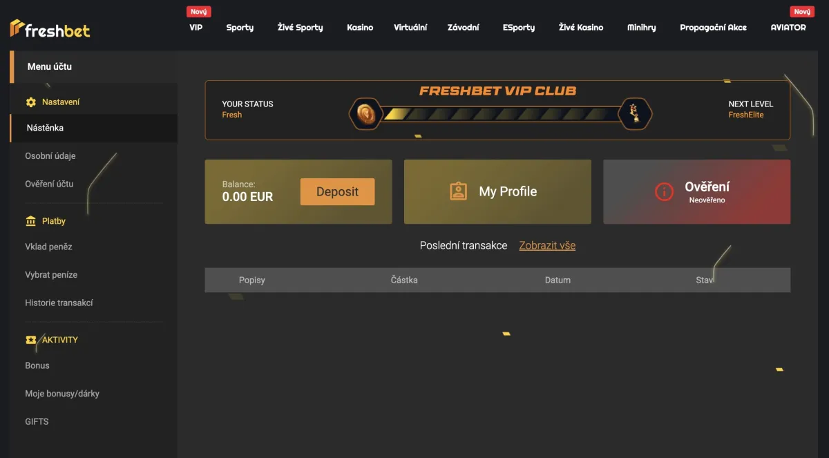 Gaming account at FreshBet casino